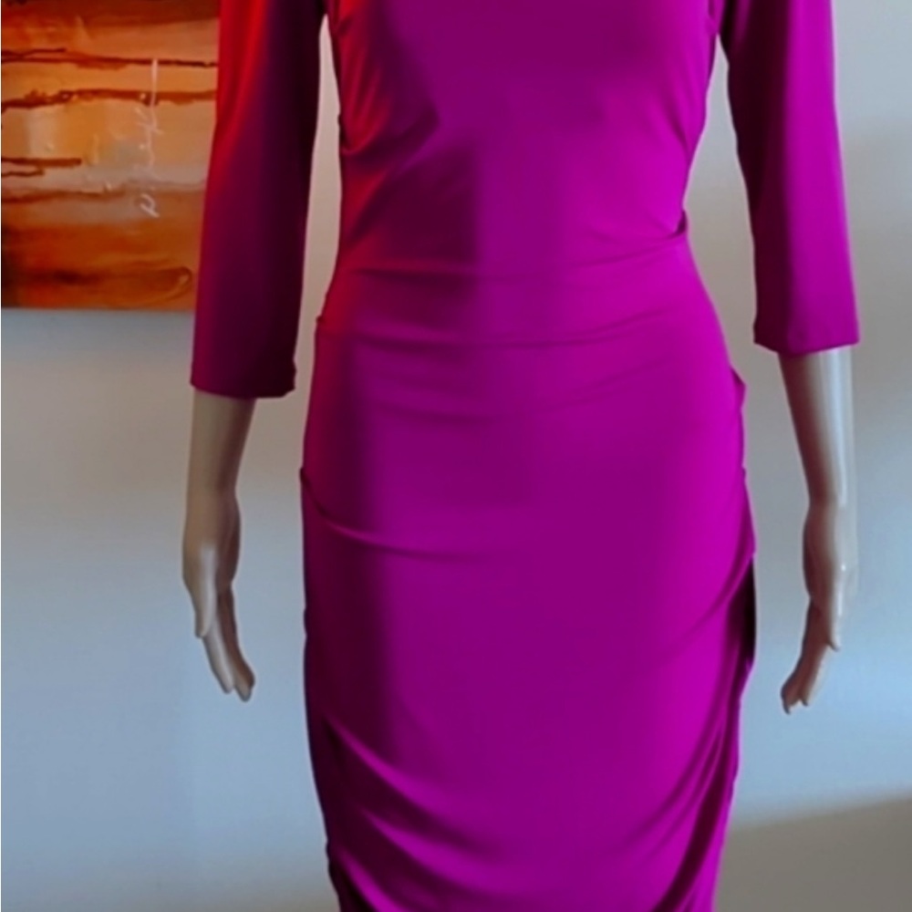 Nicole Miller Fuschia Pink Ruched Midi Dress. Size Large.